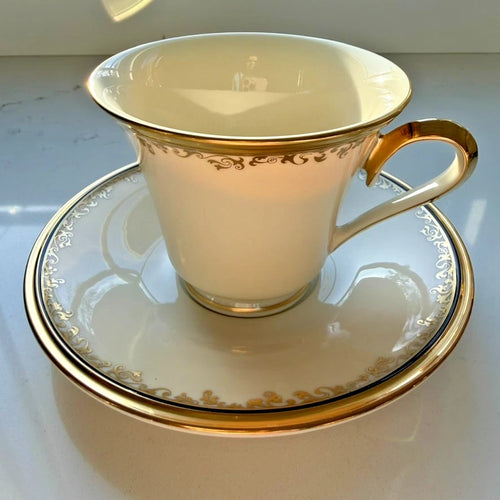 5-Piece Dinnerware Set | Gold Rim | Includes Dinner Plate, Salad Plate, Teacup and Saucer